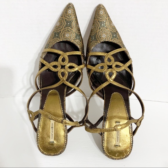 Max Studio Strappy Slingback Leather and Fabric Pointed Toe Fabric Covered Heels - Picture 5 of 12